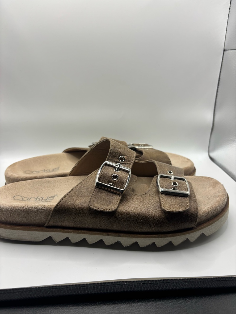 Corkys Taupe Suede Double-Buckle Slide Sandals